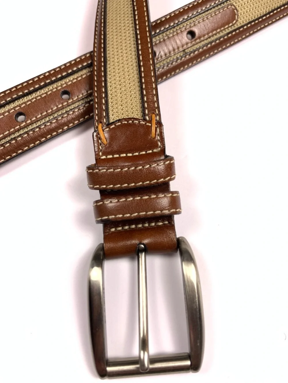 Tommy Bahama Belt 44 Tan Brown Canvas Leather Made Spain TB5080 Mens